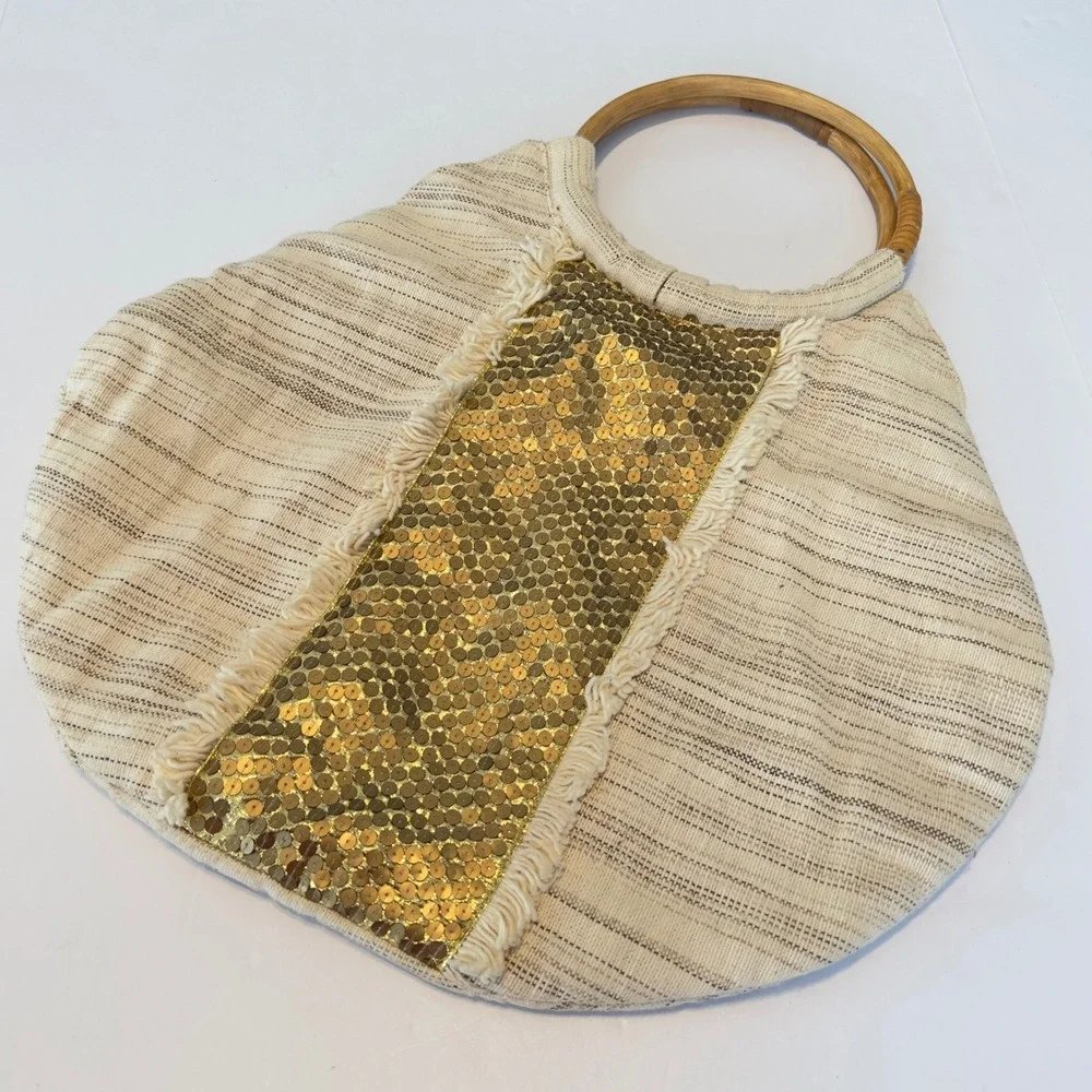 Boho Woven Stripe Tote Bag Gold‎ Sequin Fringe Bamboo Ring Handle Cream Beige
